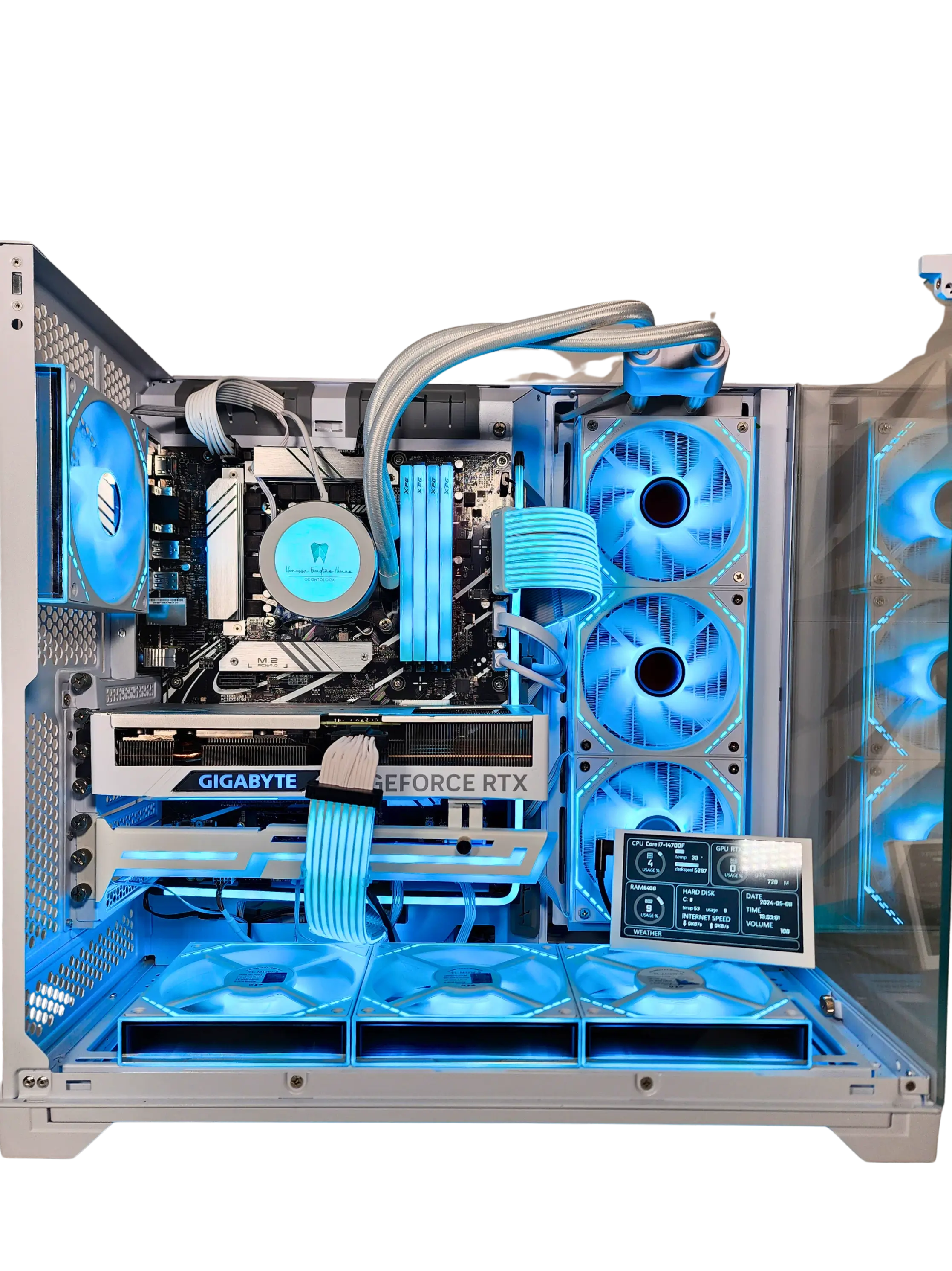 PC Gamer blanco cyan con refrigeracion liquida Gigabyte RTX