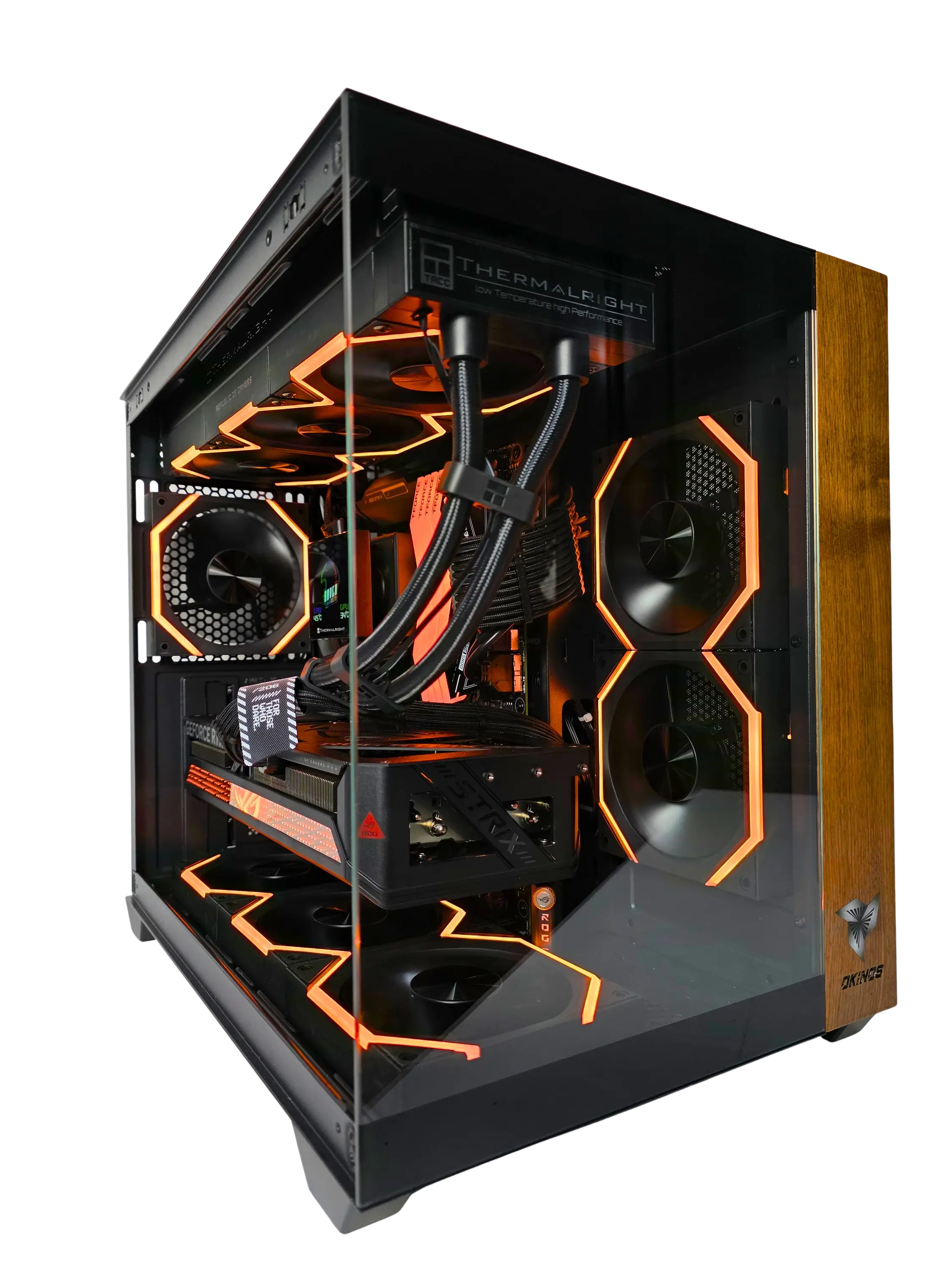 PC Gamer naranja con madera Thermalright y panel cristal